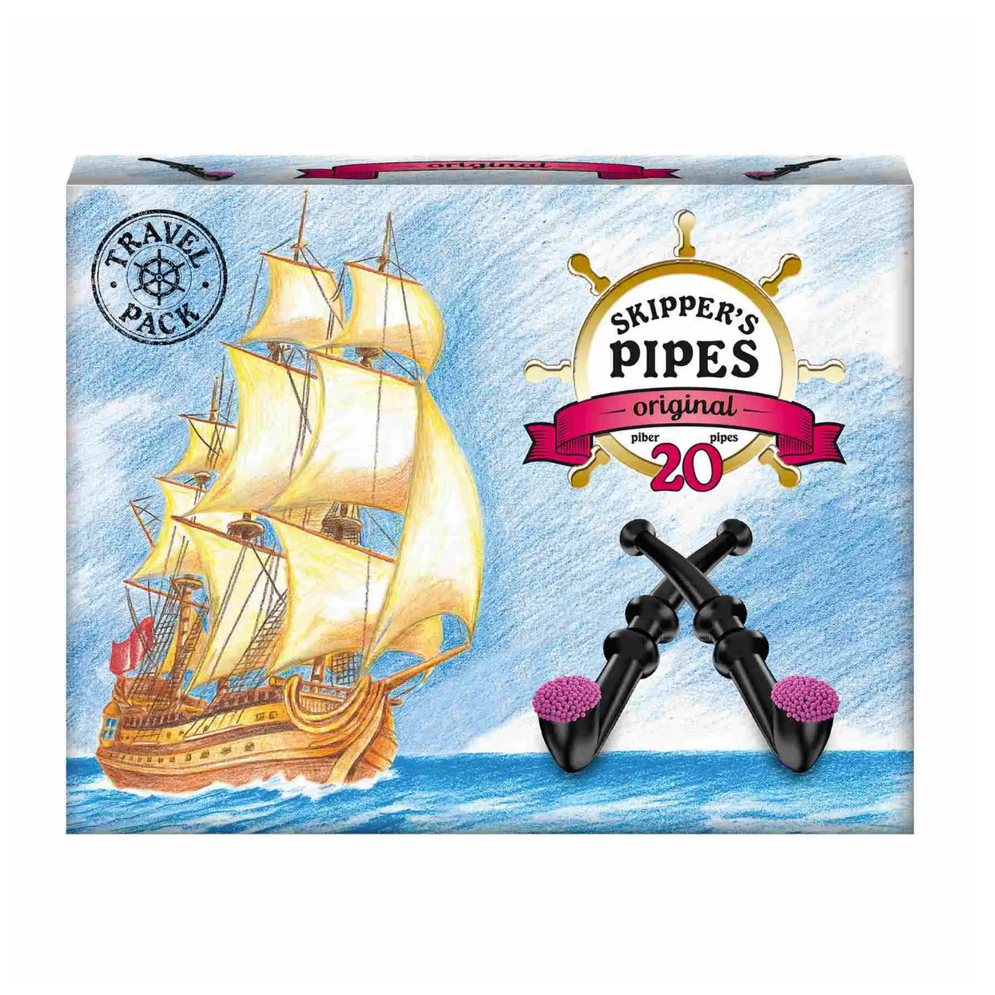 Lakritz-Pfeifen, rosa süß, Skippers Pipes, Schachtel 20 Stück.